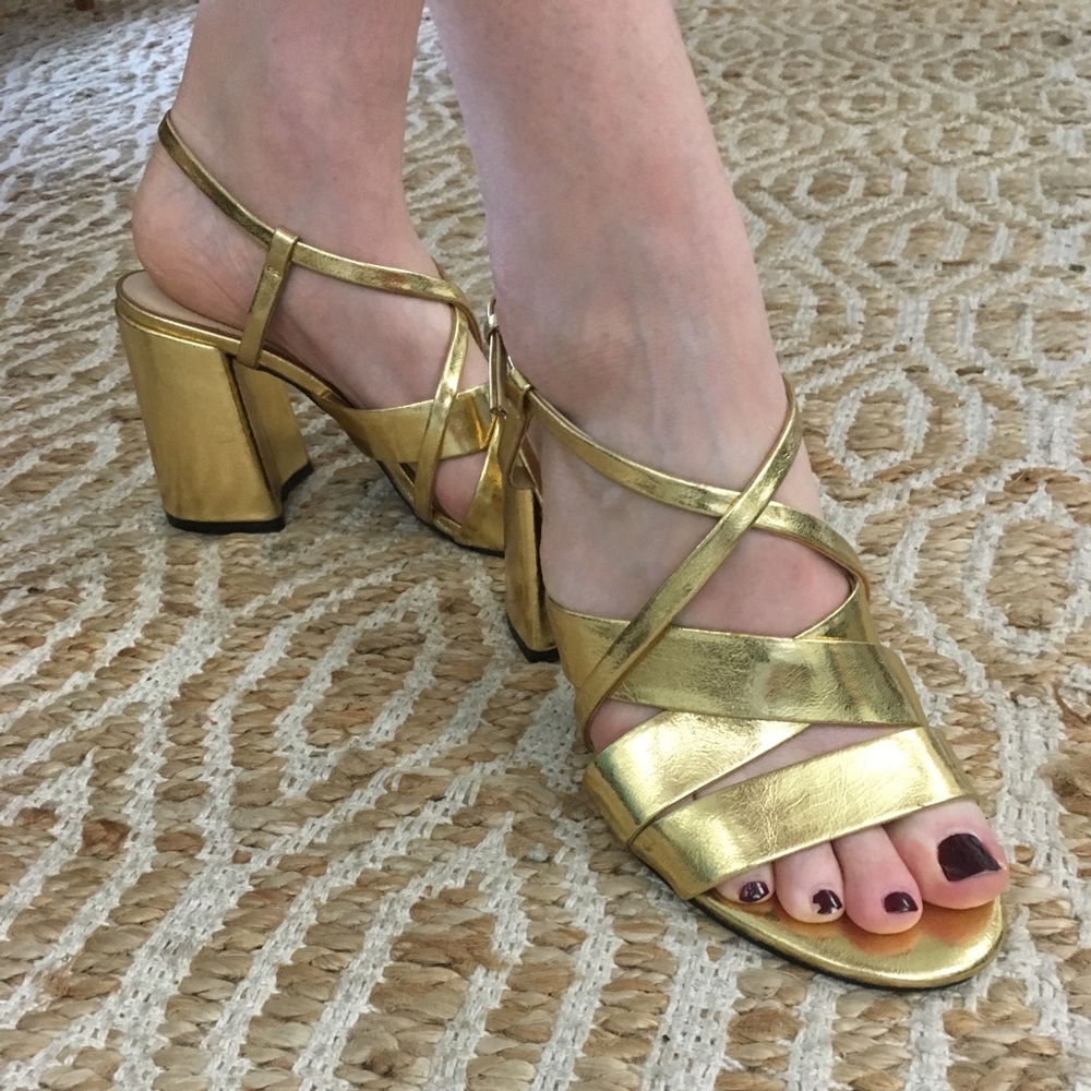 Gold chunky block heel Zara strapping sandal 39